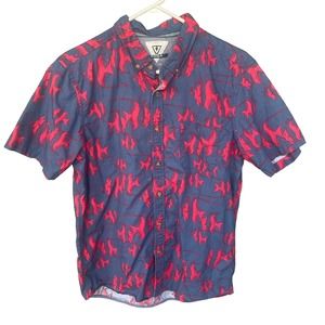 Vissla Shirt Mens Medium Blue Red Button Up Fish Print Short Sleeve Surf
